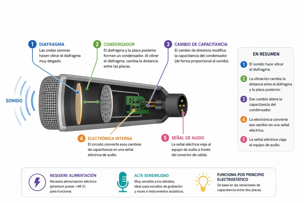Infografía educativa que explica el funcionamiento de un micrófono condensador mediante un diagrama interno. Se muestran el diafragma, la placa posterior y el condensador, ilustrando cómo las ondas sonoras modifican la distancia entre las placas y generan una señal eléctrica. También se destaca la necesidad de alimentación phantom power para su funcionamiento