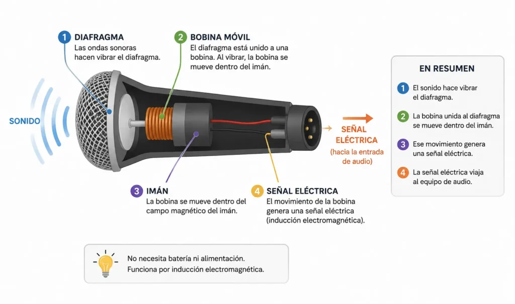 Infografía educativa que muestra el funcionamiento de un micrófono dinámico mediante un corte transversal. Se observan el diafragma, la bobina móvil y el imán, explicando cómo las ondas sonoras hacen vibrar el diafragma, mueven la bobina dentro del campo magnético y generan una señal eléctrica para el equipo de audio.