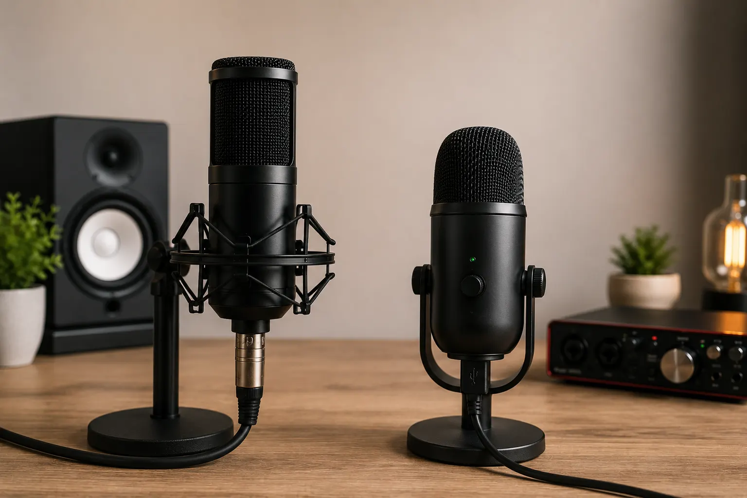 Setup de home studio con micrófono XLR y micrófono USB sobre escritorio minimalista para grabación de voces y producción musical en casa