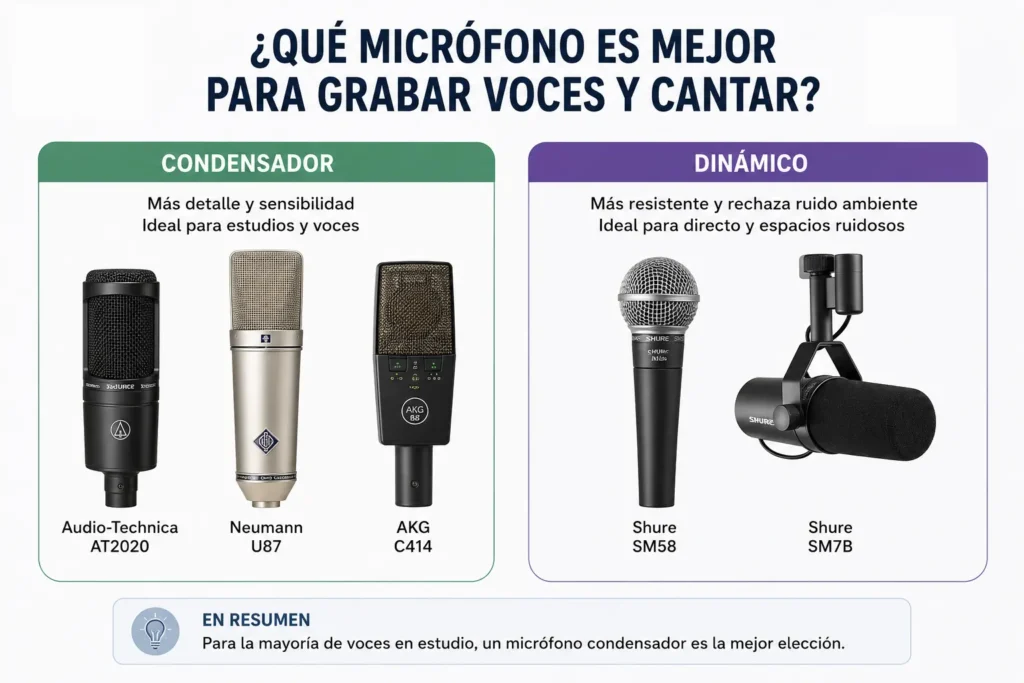 Comparativa visual entre micrófonos condensadores y dinámicos para grabación vocal. Se muestran varios modelos representativos de cada tipo, destacando que los condensadores ofrecen mayor detalle y sensibilidad para estudios, mientras que los dinámicos destacan por su resistencia y mejor rechazo al ruido ambiente.