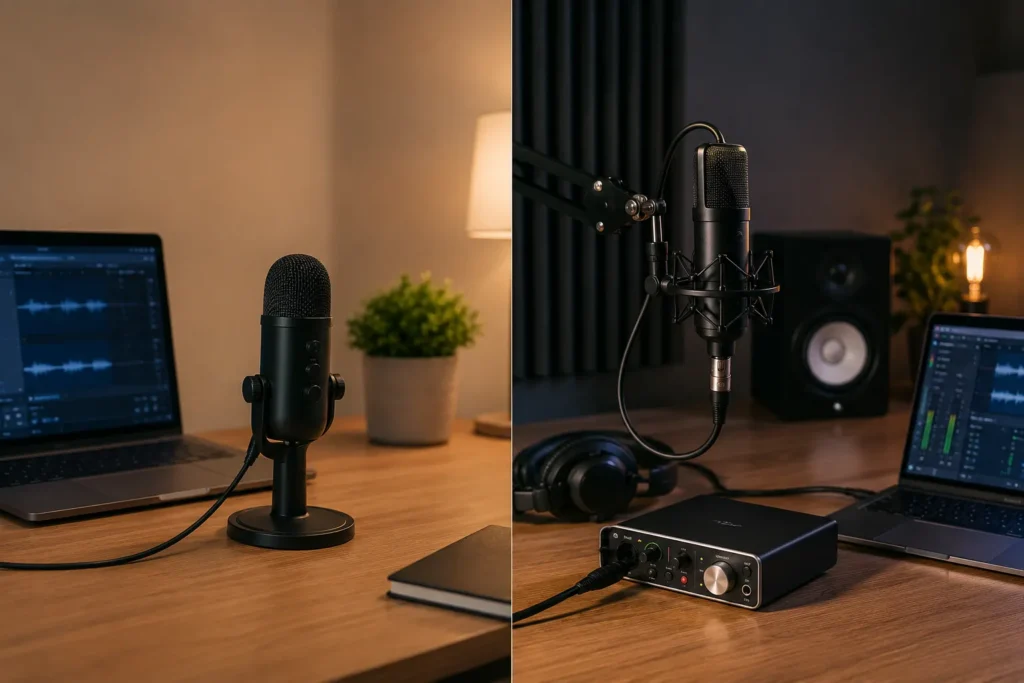 Comparación visual entre setup de micrófono USB y micrófono XLR para home studio y grabación de voz