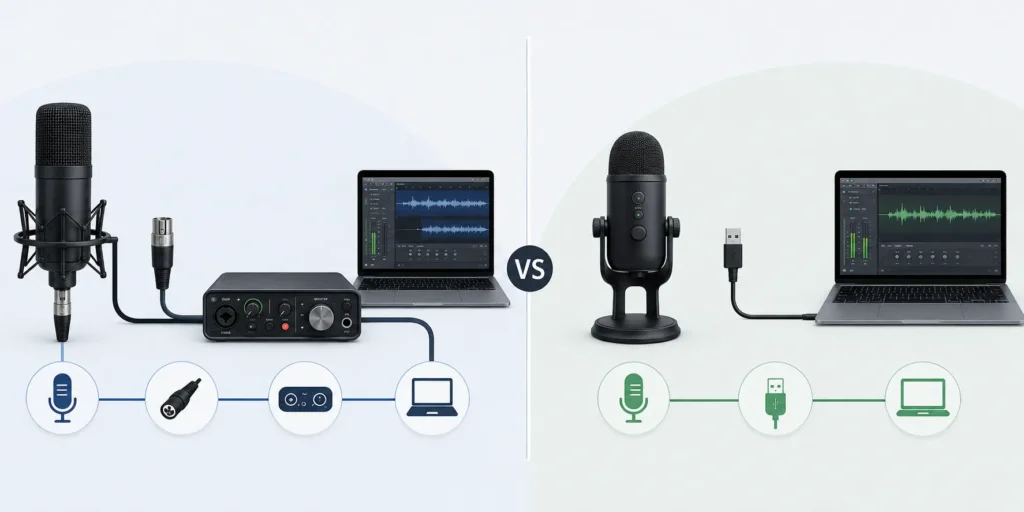 Diagrama comparativo de conexión de micrófono XLR con interfaz de audio y micrófono USB conectado directamente a computadora