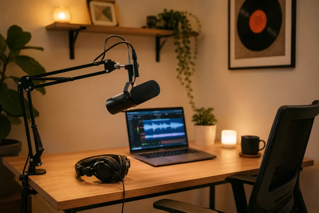 Home studio casero con micrófono USB dinámico para grabar podcast, streaming y voz en casa